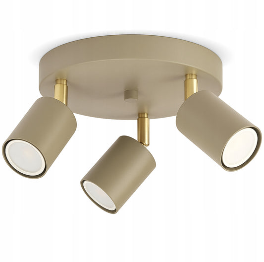 Taklampe med tre justerbare spotlights i beige og gull metall