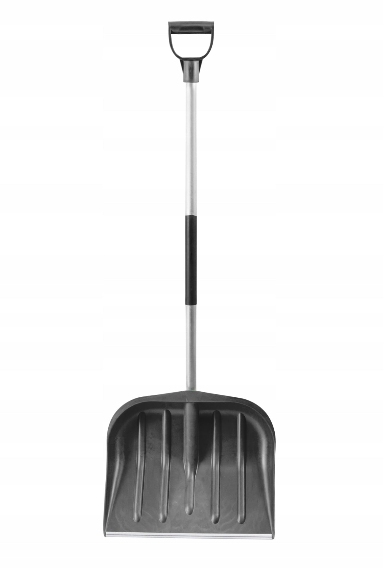 Snøskuffe 135 cm, svart med aluminiumskaft og bredde på 45 cm, laget av slitesterk polypropylen med forsterket metallkant for effektiv snørydding.