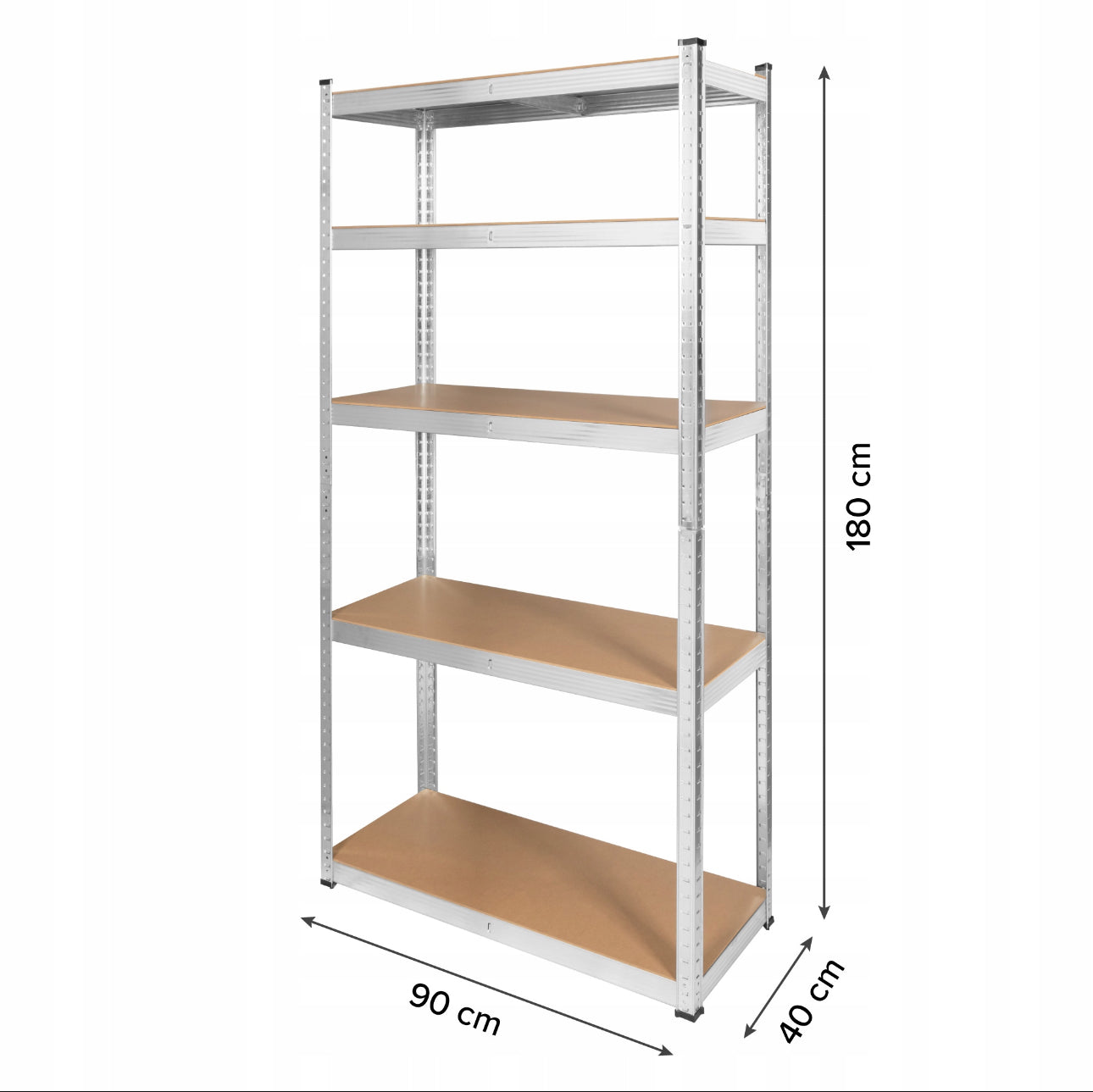 Metallhyllereol 2-i-1 med 5 justerbare MDF-hyller, bæreevne på 750 kg, galvanisert stålkonstruksjon, dimensjoner 180x90x40 cm, ideell for garasje, bod og lager.