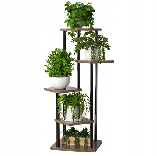 Moderne blomsterstativ i metall og tre med fem nivåer for planter