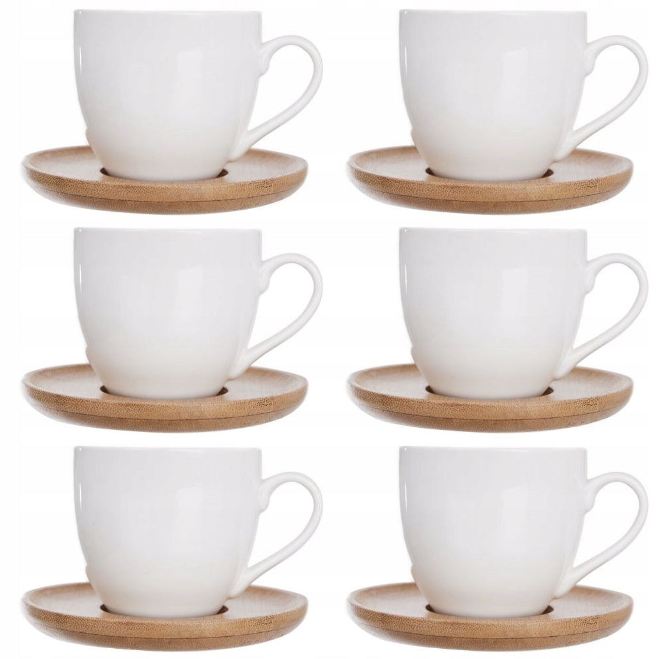 Seks hvite espressokopper med bambusfat stilt opp i to rekker