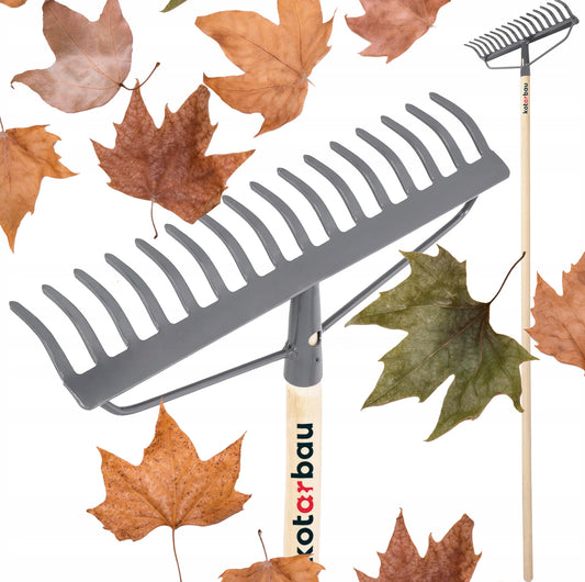 Solid metallrake med 18 tenner og 154 cm langt trehåndtak. Perfekt for løv, gress og hagearbeid. Slitesterkt metallhode og ergonomisk håndtak for komfortabel bruk.