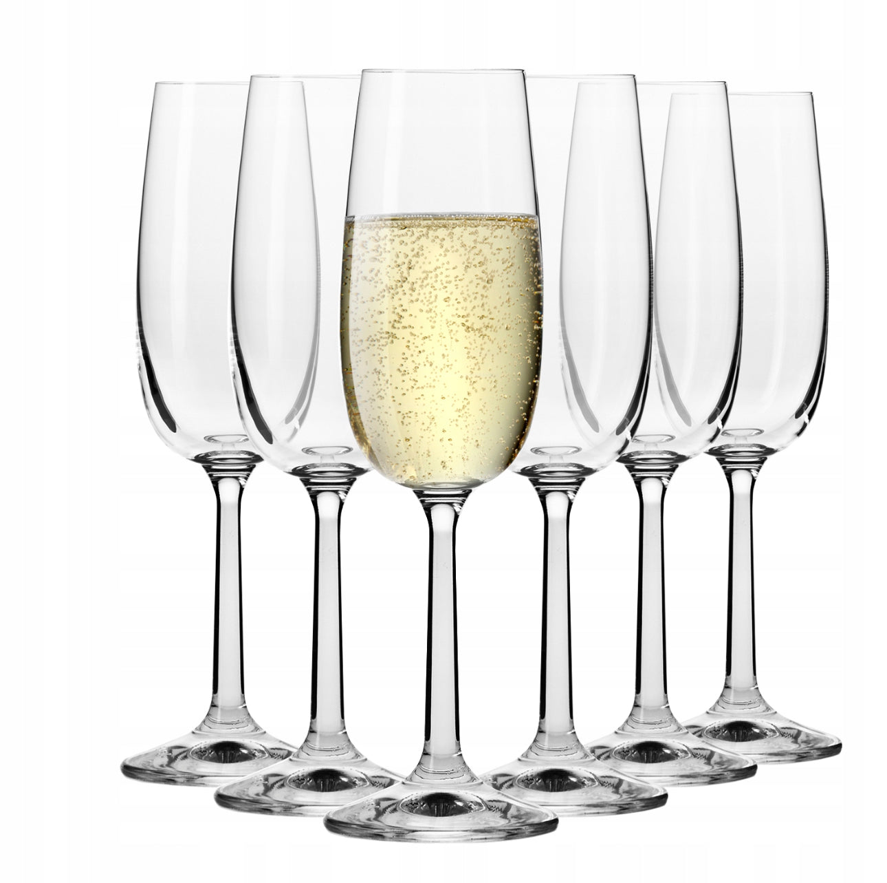 Sett med seks høye champagneglass i klart krystallglass på hvit bakgrunn