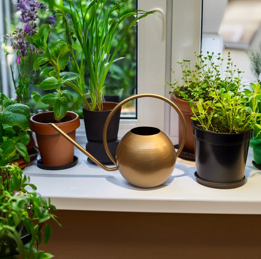 Elegant vannkanne i metall, gullfarget, 2,5 liter kapasitet, perfekt for innendørs planter og dekorasjon – slitesterkt materiale og moderne design.