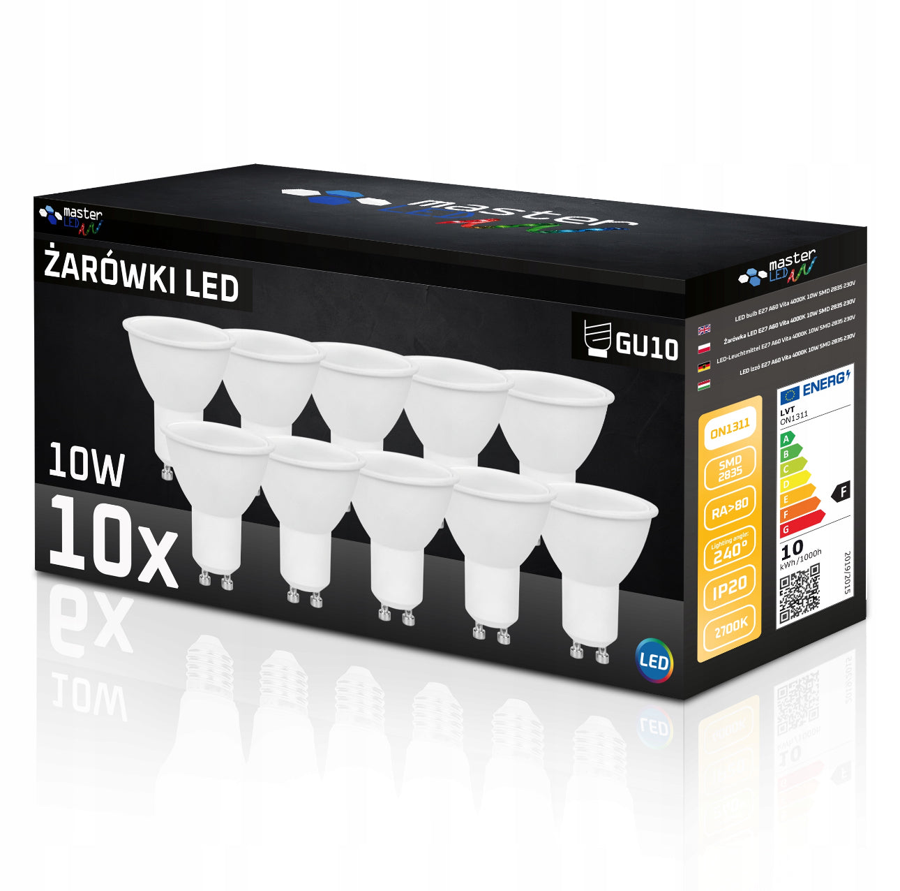 Pakke med ti hvite LED GU10-lyspærer på svart bakgrunn
