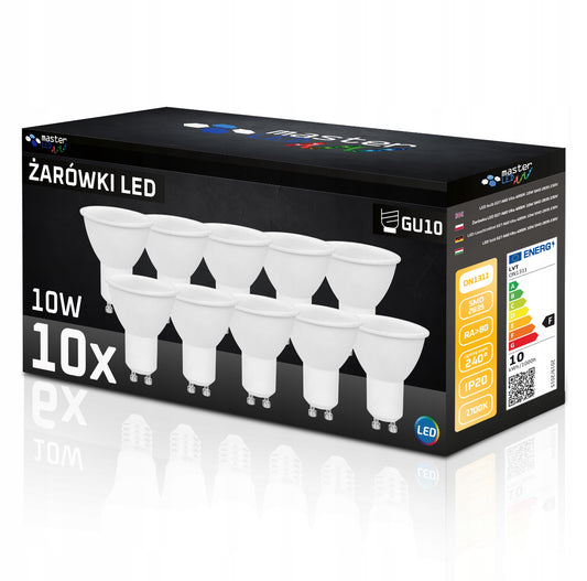 Pakke med ti hvite LED GU10-lyspærer på svart bakgrunn