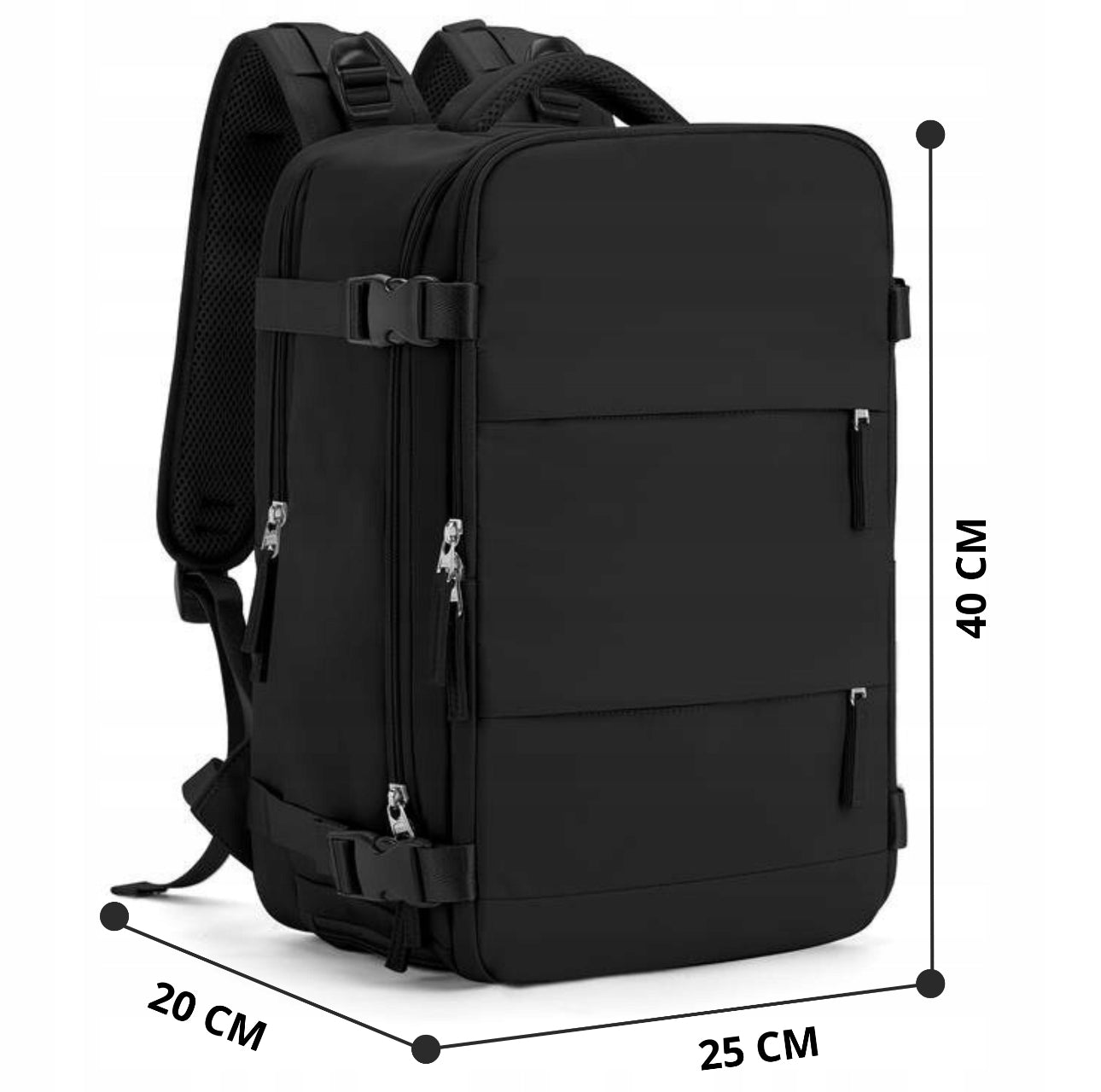 Svart kabinklar reisesekk 40x25x20 cm med flere lommer og USB-port, plassert på hvit bakgrunn