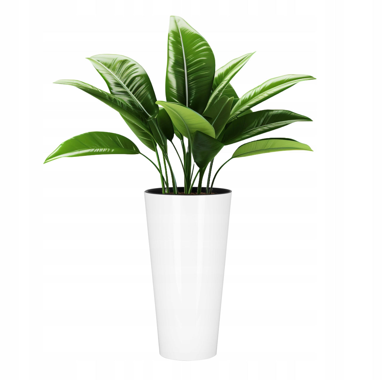 Sett med 3 hvite blomsterpotter i høyglans plast med svarte innerpotter – størrelser 3,3L (29cm), 8L (38cm) og 15L (48cm) – slitesterke og værbestandige for innendørs og utendørs bruk.