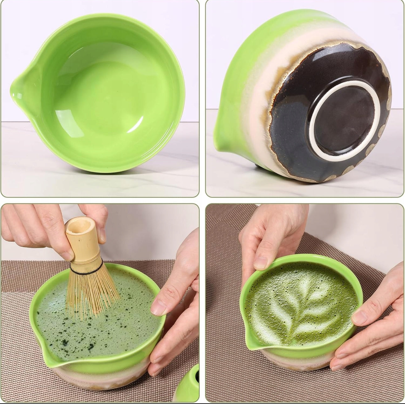 Bambusvisp og skje brukt til å tilberede matcha te i grønn bolle