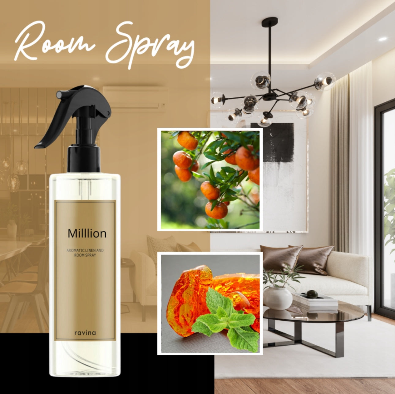 Room Spray Million fra Ravina – maskulin og luksuriøs duftspray for hjem, bil og kontor med orientalske noter av mynte, appelsin, rav og patchouli i en stilren design.