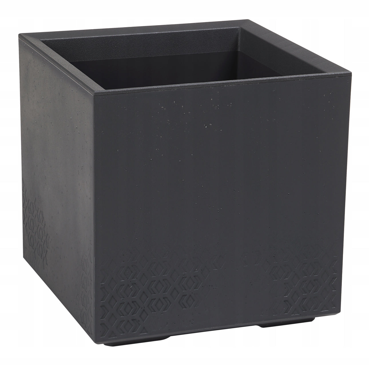 Moderne antrasittgrå blomsterkasse 40x40 cm – laget av værbestandig, resirkulert plast med betonglook. Frostsikker, UV-bestandig og utstyrt med dreneringshull og hjul for enkel flytting. Perfekt til hage, terrasse og balkong.