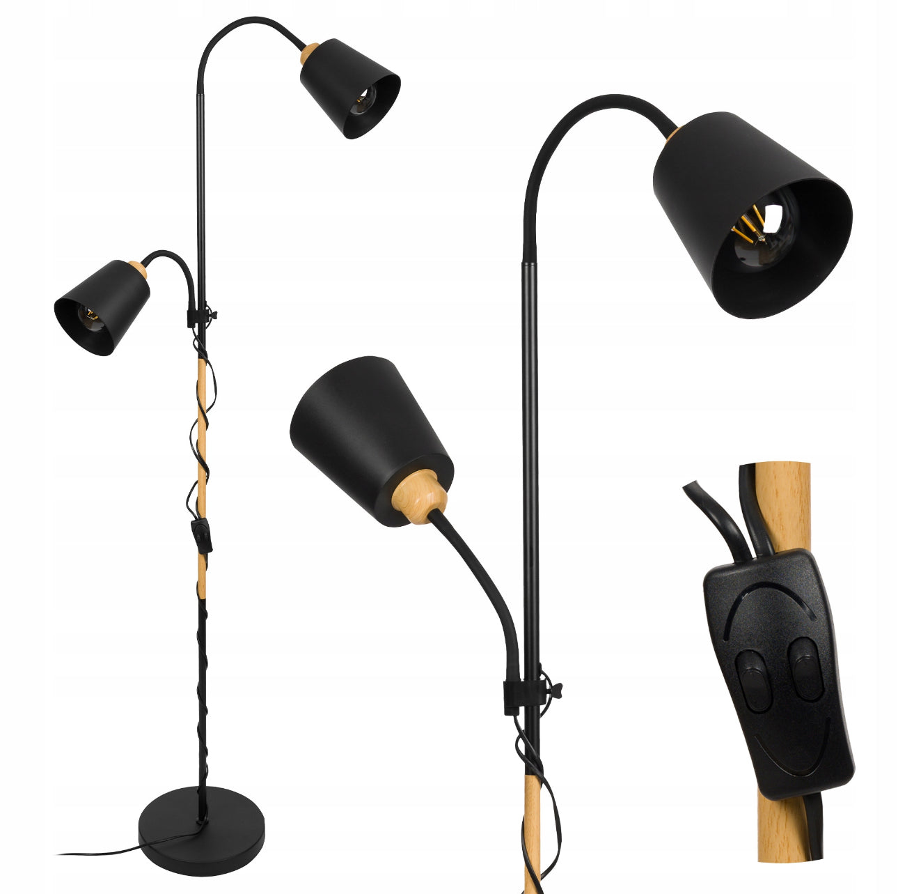 Moderne gulvlampe i sort metall og naturfarget tre, høyde 190 cm, med to justerbare lampeskjermer og E27 sokkel – perfekt til stue, lesekrok eller kontor.