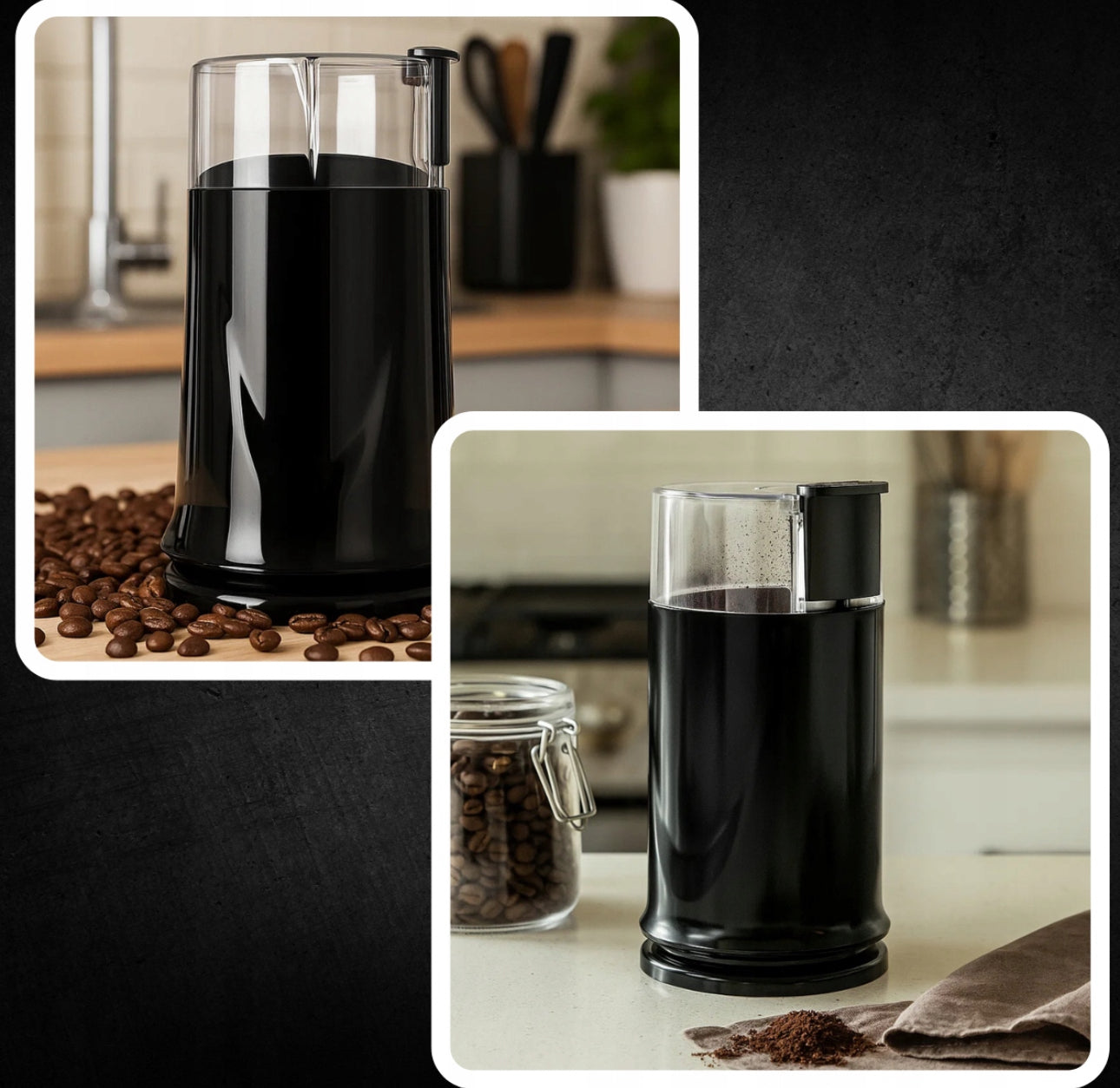 Sort kaffekvern i moderne kjøkkenmiljø med kaffebønner og glasskrukke