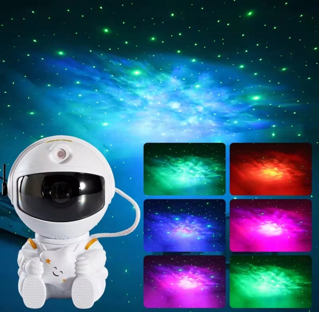 Astronaut projektor som viser fargerik stjernehimmel i flere lysmoduser.