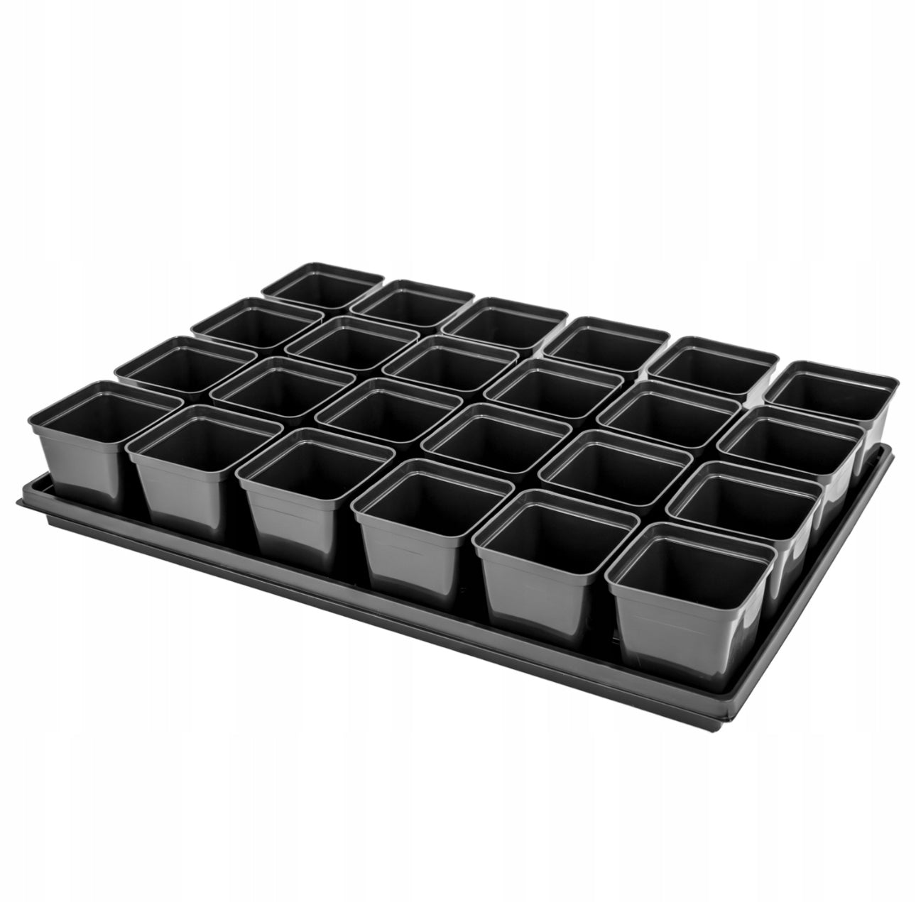 Sett med 24 svarte plastpotter à 0,5L med svart plastbrett 60x40 cm – perfekt for hjemmedyrking, såing og stiklinger. Laget i holdbar plast, ideell for innendørs og utendørs bruk.