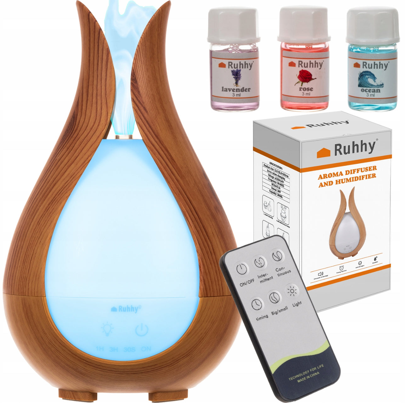 Ultrasonisk aroma diffuser med LED-lys i treimitasjon, 200 ml kapasitet, perfekt for aromaterapi og luftfukting i hjemmet, med fjernkontroll og justerbare lysinnstillinger.