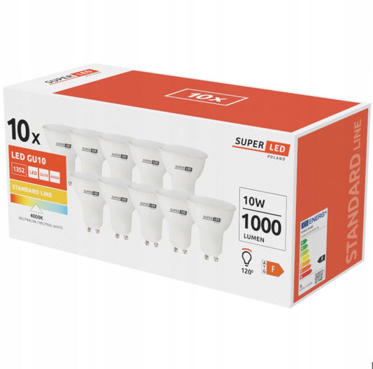 Eske med 10 hvite GU10 LED-pærer, 10W, 4000K nøytralt hvitt lys