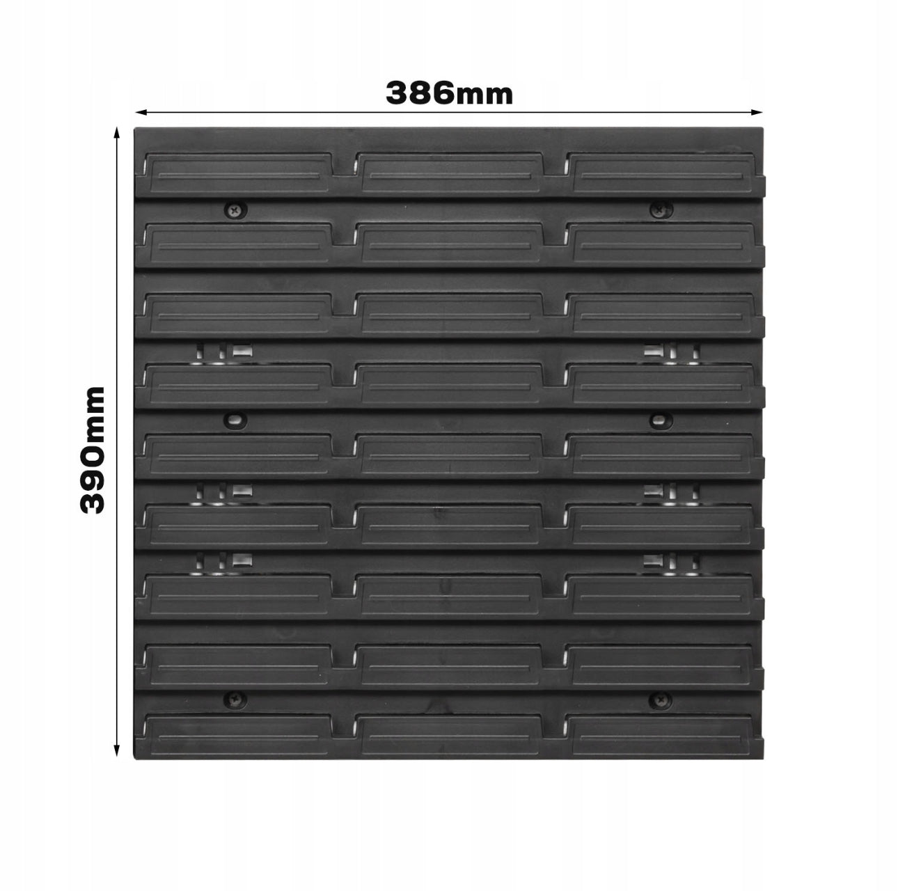 Vegghengt oppbevaringssystem med 25 røde plastbokser (115x80x60 mm) og svart monteringsplate (386x390 mm). Perfekt for sortering av skruer, muttere og smådeler. Laget av slitesterk plast og metall for langvarig bruk. Ideell til verksted og garasje.