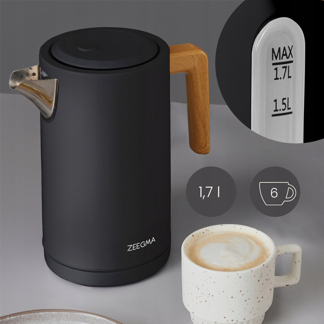 Elektrisk vannkoker 1,7L i mattsvart design med trehåndtak, laget av BPA-fri plast og rustfritt stål, 2200W for rask oppvarming – moderne og stilren.