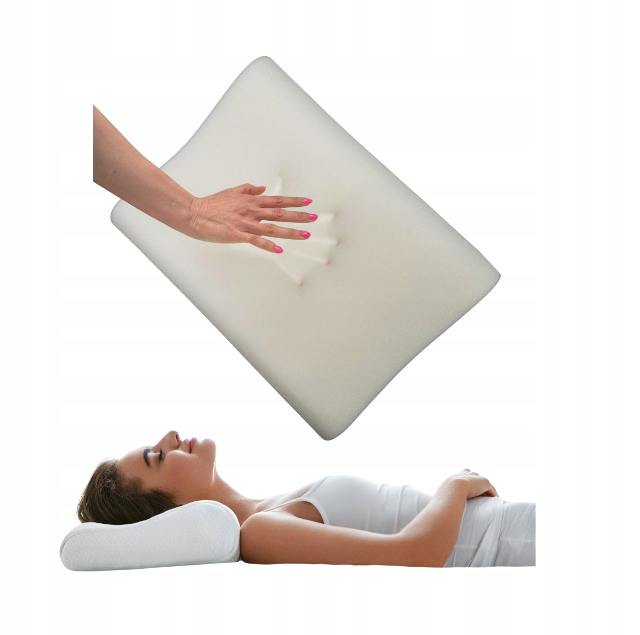 Hånd presser myk hvit memory foam pute for å vise trykkavlastning