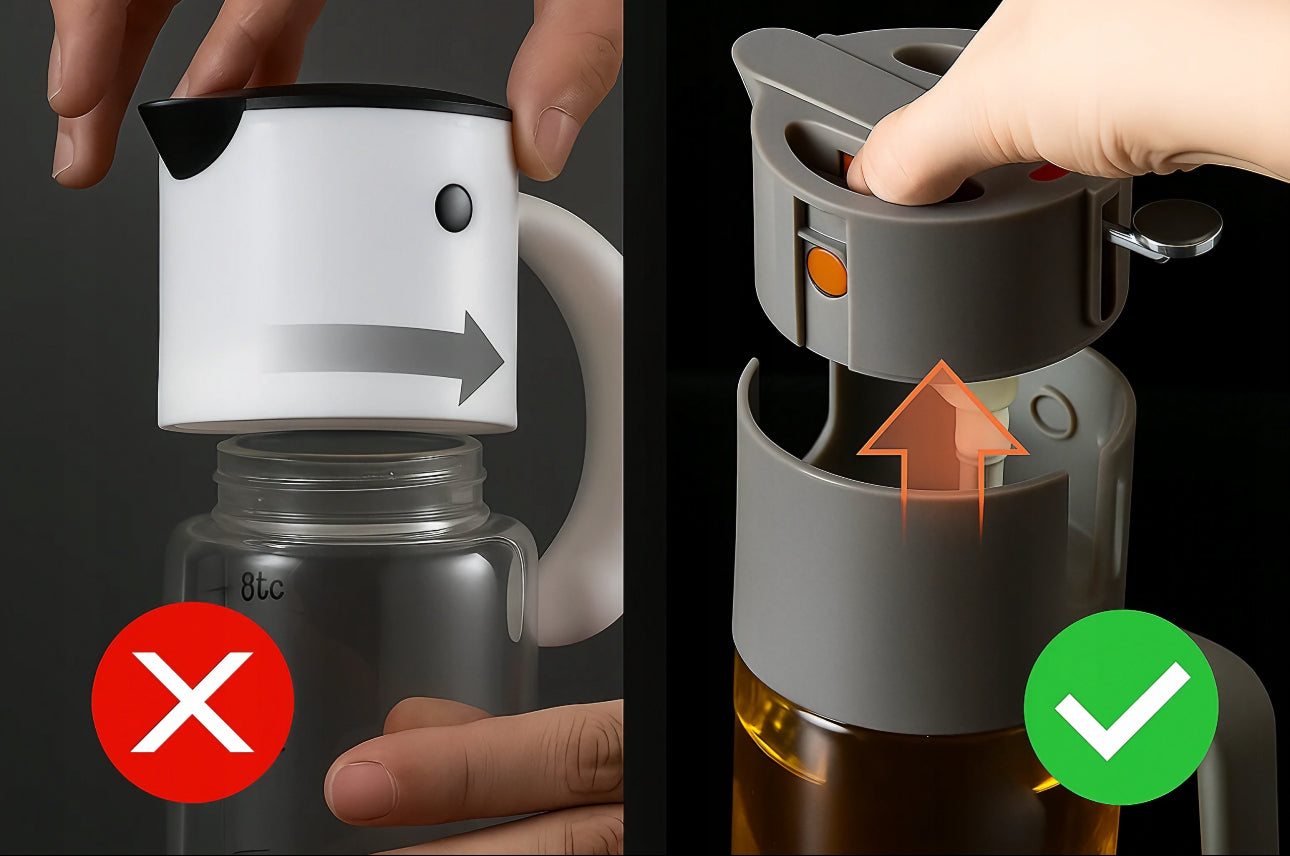 Nærbilde av riktig og feil montering av glass oljespray 550ml med lokk