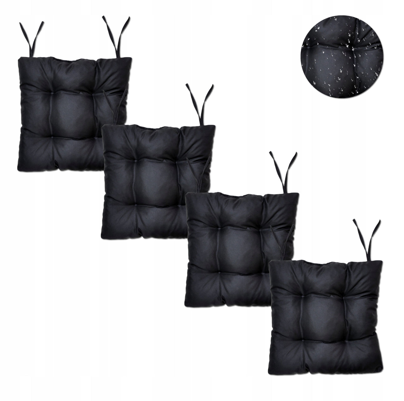 4-pk sorte vanntette hageputer 40x40 cm i slitesterk codura med silikonfyll – perfekte til utendørs stoler og hagemøbler.