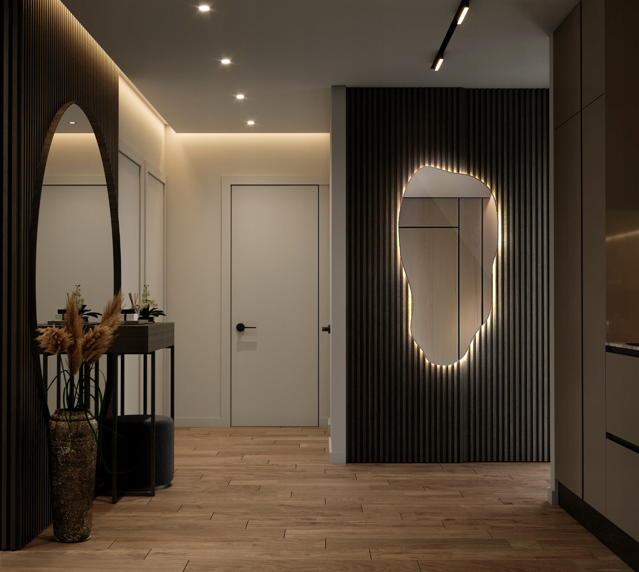 Asymmetrisk LED-speil 50x100 cm med bakgrunnsbelysning – moderne design i klart glass med 4 mm tykkelse, nøytral lysfarge 4000K, monteres med metalloppheng