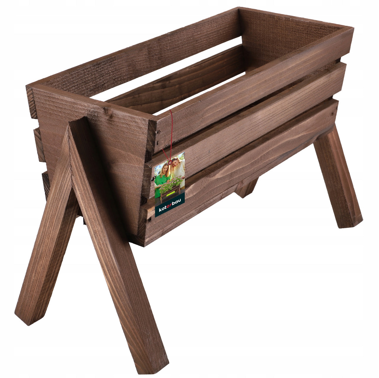 Rustikk treplantekasse med ben, perfekt for blomster og urter. Mål: 40,5 x 45,5 x 28,5 cm. Laget av solid, værbestandig tre i brun farge. Ideell for hage, terrasse og balkong.