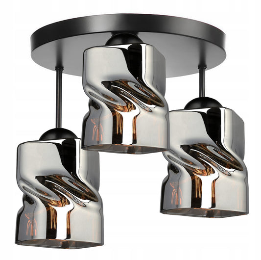 Taklampe i svart metall med tre røykfargede glasskjerm­er, moderne design