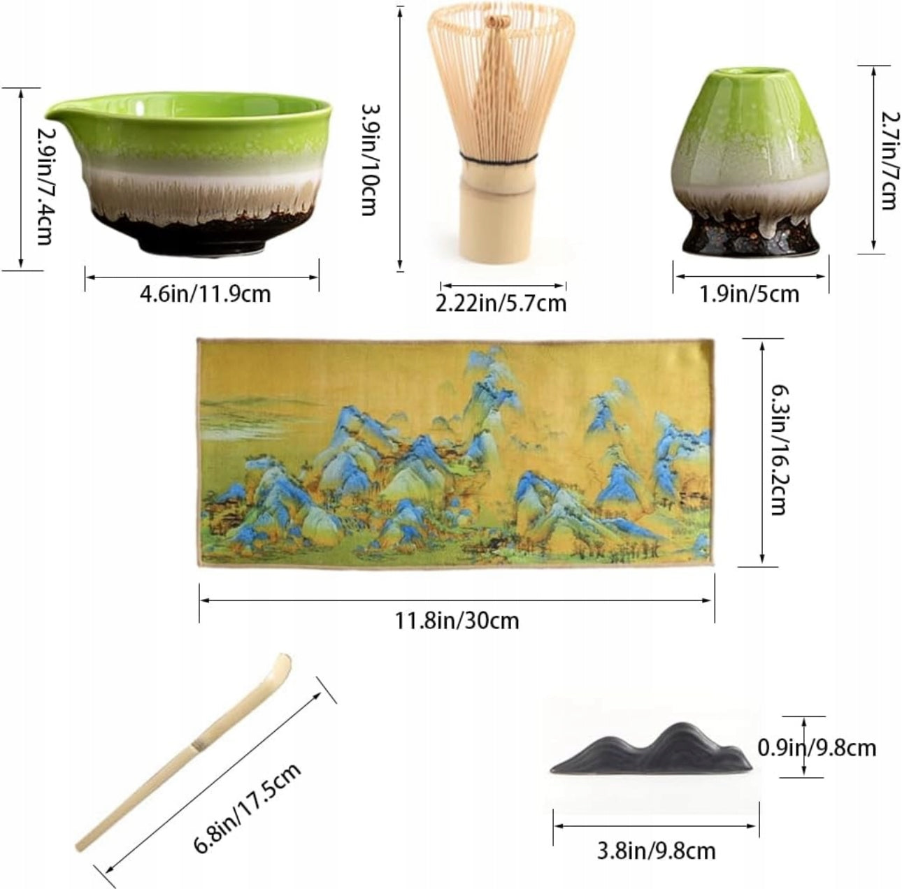 Seksdelers matcha te sett med bolle, visp, skje og håndkle i japansk stil