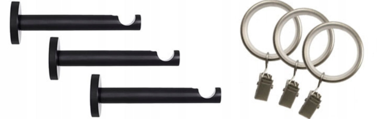 Svart gardinstang i matt stål, 350 cm lengde, 19 mm diameter, med stillegående teflonbelagte ringer og robuste veggfester for enkel montering.