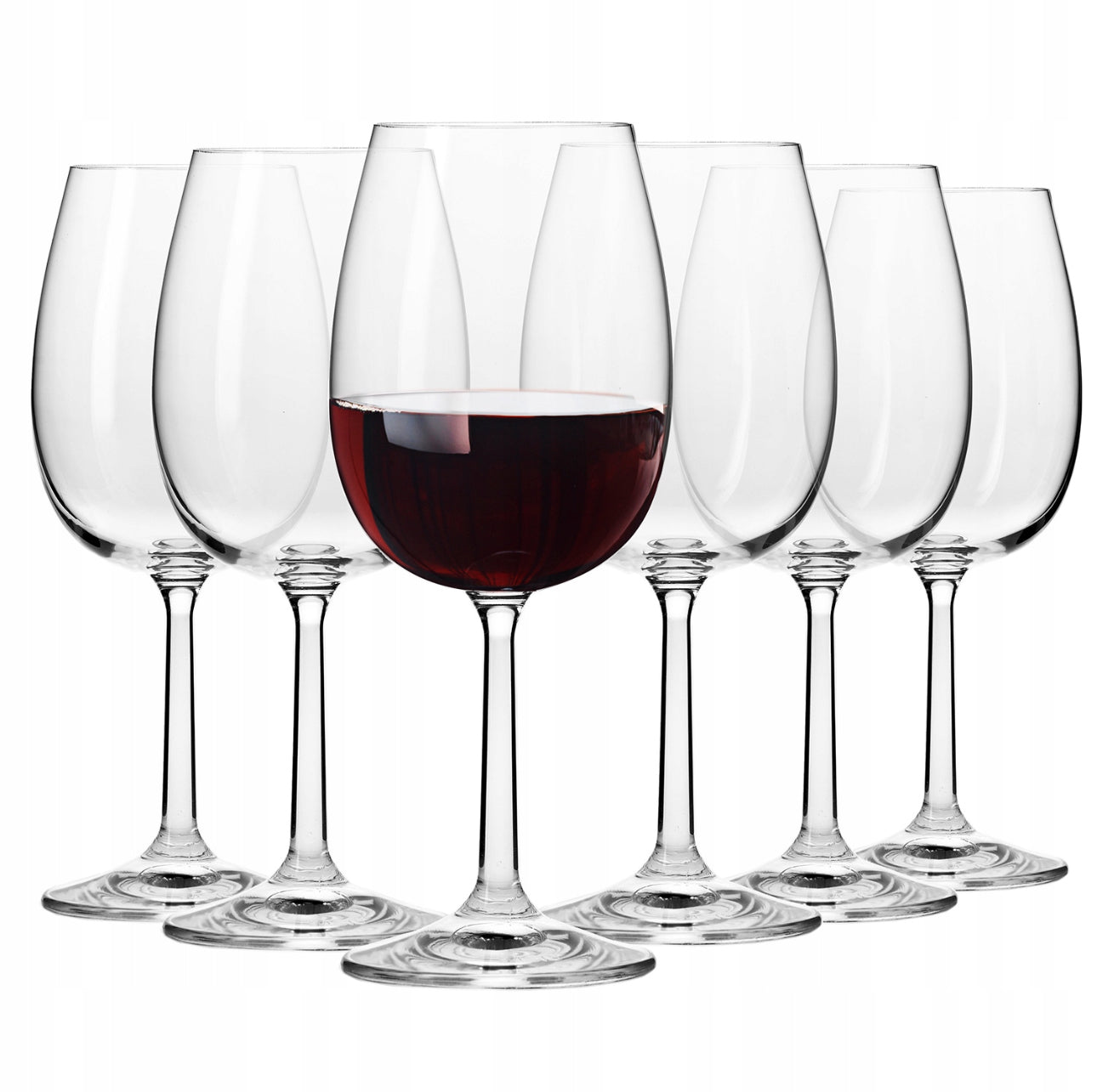 Sett med seks klare rødvinsglass med elegant stett i gjennomsiktig glass
