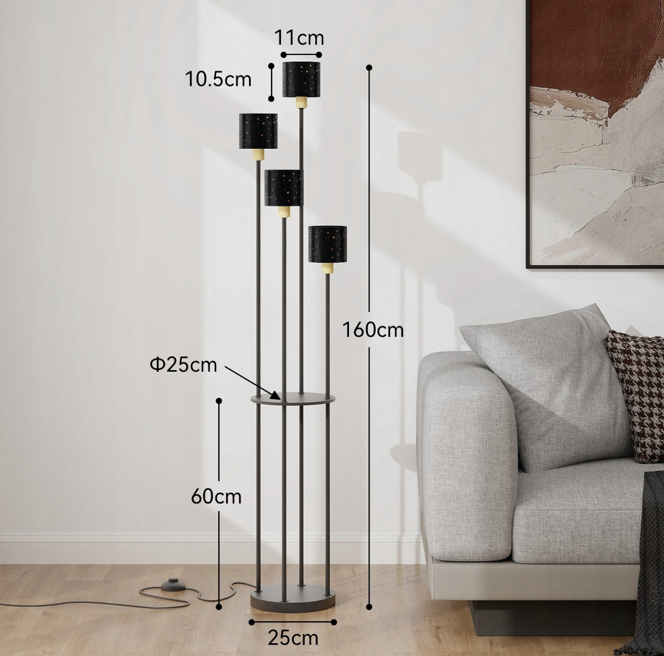 Gulvlampe 160 cm med fire skjermer og rund metallbase