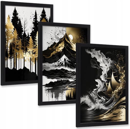 Tre kunstplakater i svart, hvitt og gull med skog, fjell og bølgemotiv i svarte rammer