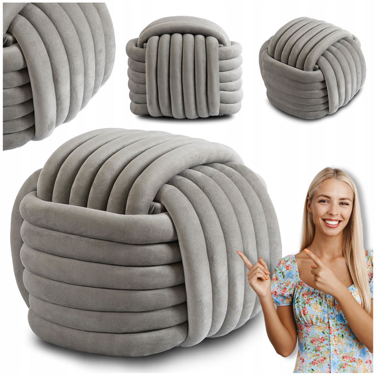 Moderne puff i myk velur med flettet design i lys grå farge, presentert fra ulike vinkler