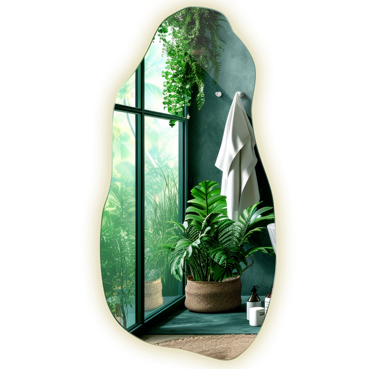 Asymmetrisk LED-speil 50x100 cm med bakgrunnsbelysning – moderne design i klart glass med 4 mm tykkelse, nøytral lysfarge 4000K, monteres med metalloppheng