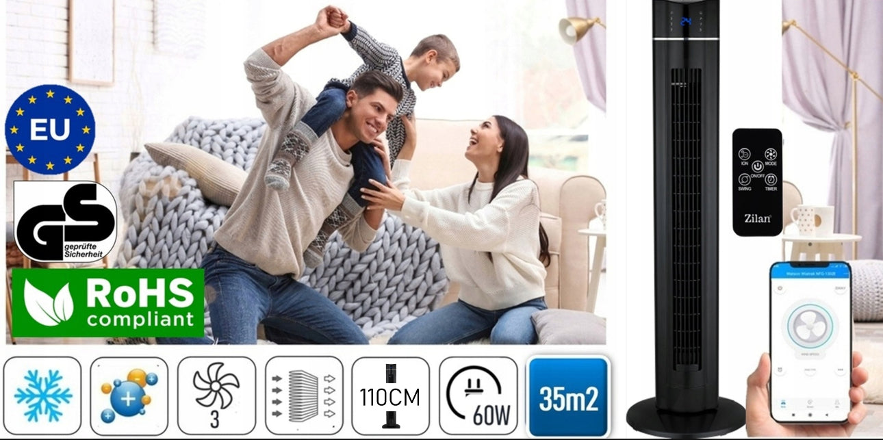 Svart tårnvifte vist ved familie i lys stue med ikonforklaringer for funksjoner