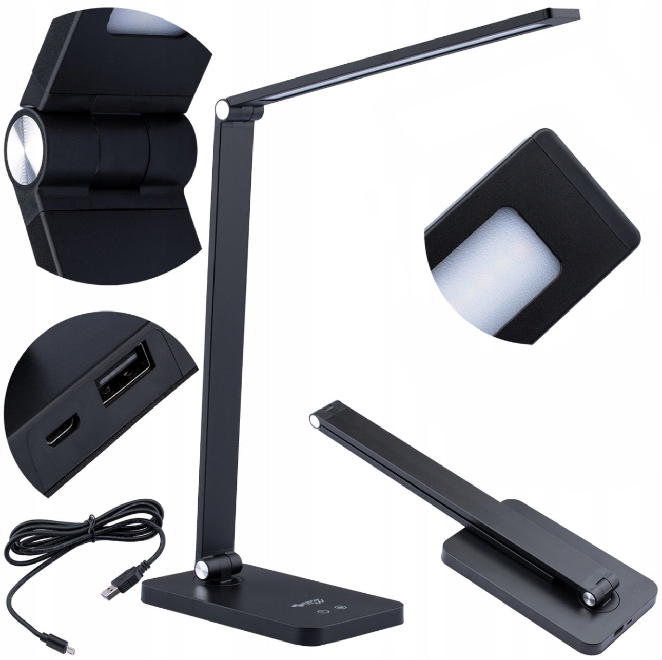 Svart LED skrivebordslampe med sammenleggbar design og USB-port