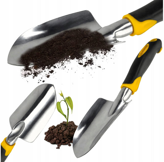 Bred hagespade i aluminium, 30 cm lengde, bladbredde 7,5 cm, svart og gul ergonomisk håndtak – perfekt til planting og hagearbeid.