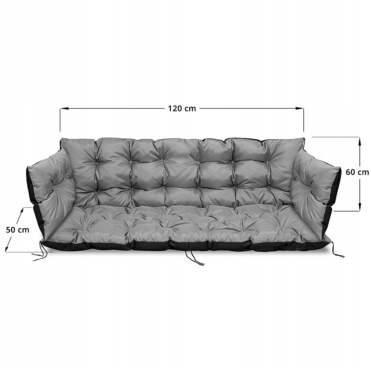 Vanntett hagepute med rygg og sete 120x60x50 cm i slitesterk grå codura med silikonfiberfyll – perfekt til benk, huske eller pallemøbler utendørs.