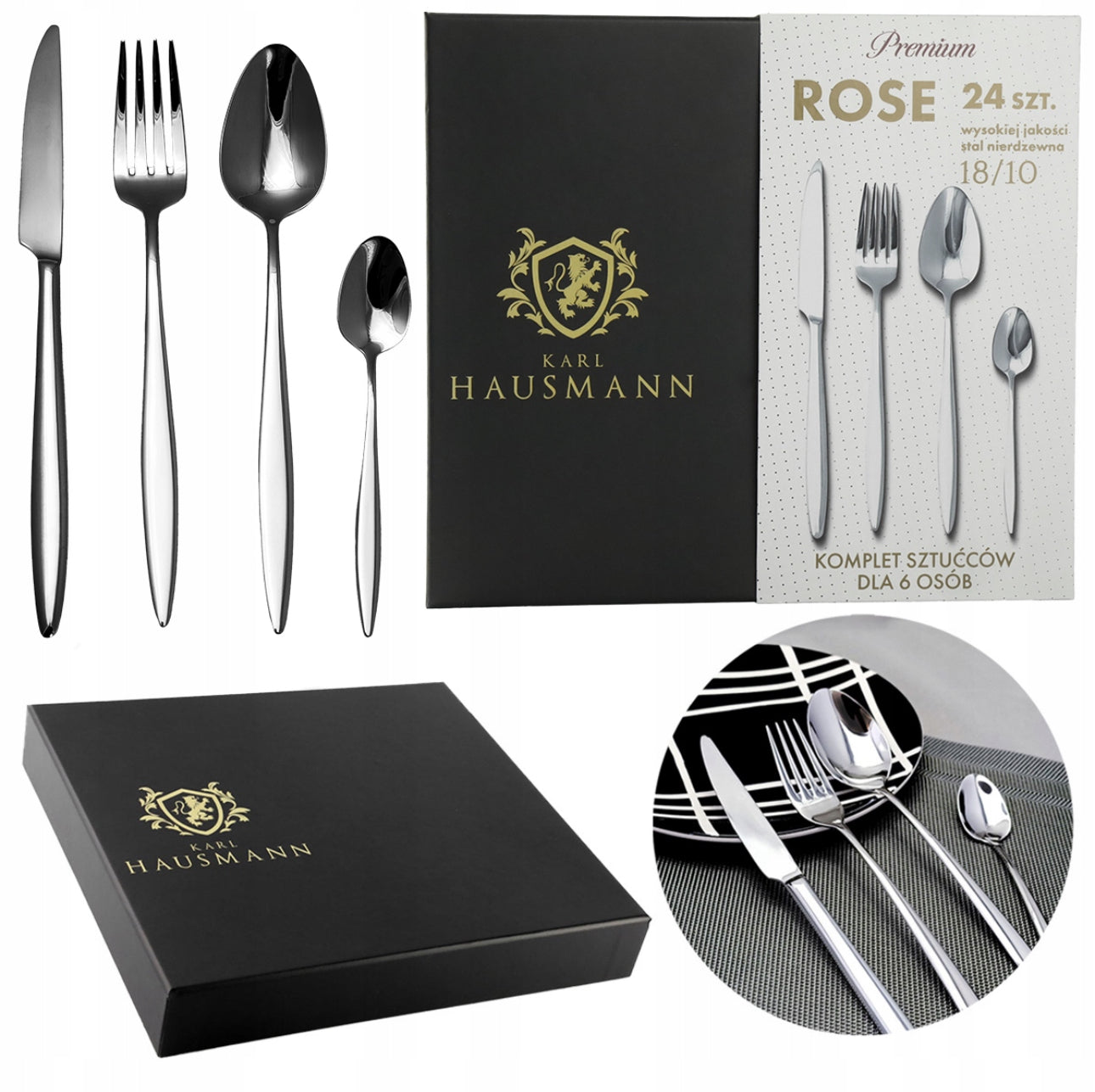 Bestikksett 24 Deler for 6 Personer – Sølvfarget Rustfritt Stål 18/10, Leveres i Elegant Sort Gaveeske