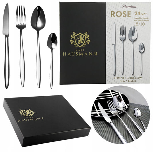 Bestikksett 24 Deler for 6 Personer – Sølvfarget Rustfritt Stål 18/10, Leveres i Elegant Sort Gaveeske