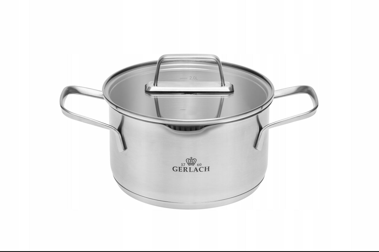 10-delt grytesett i rustfritt stål fra Gerlach Ambiente med glasslokk og trippellags bunn, sølvfarge, kompatibelt med induksjon, gass og keramiske koketopper.