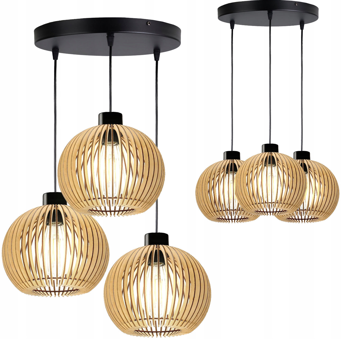 Moderne pendellampe i naturlig tre med tre skjermer, diameter 23 cm og høyde 17 cm per skjerm, regulerbar oppheng opptil 100 cm, svart takfeste – E27 sokkel, uten lyspærer.