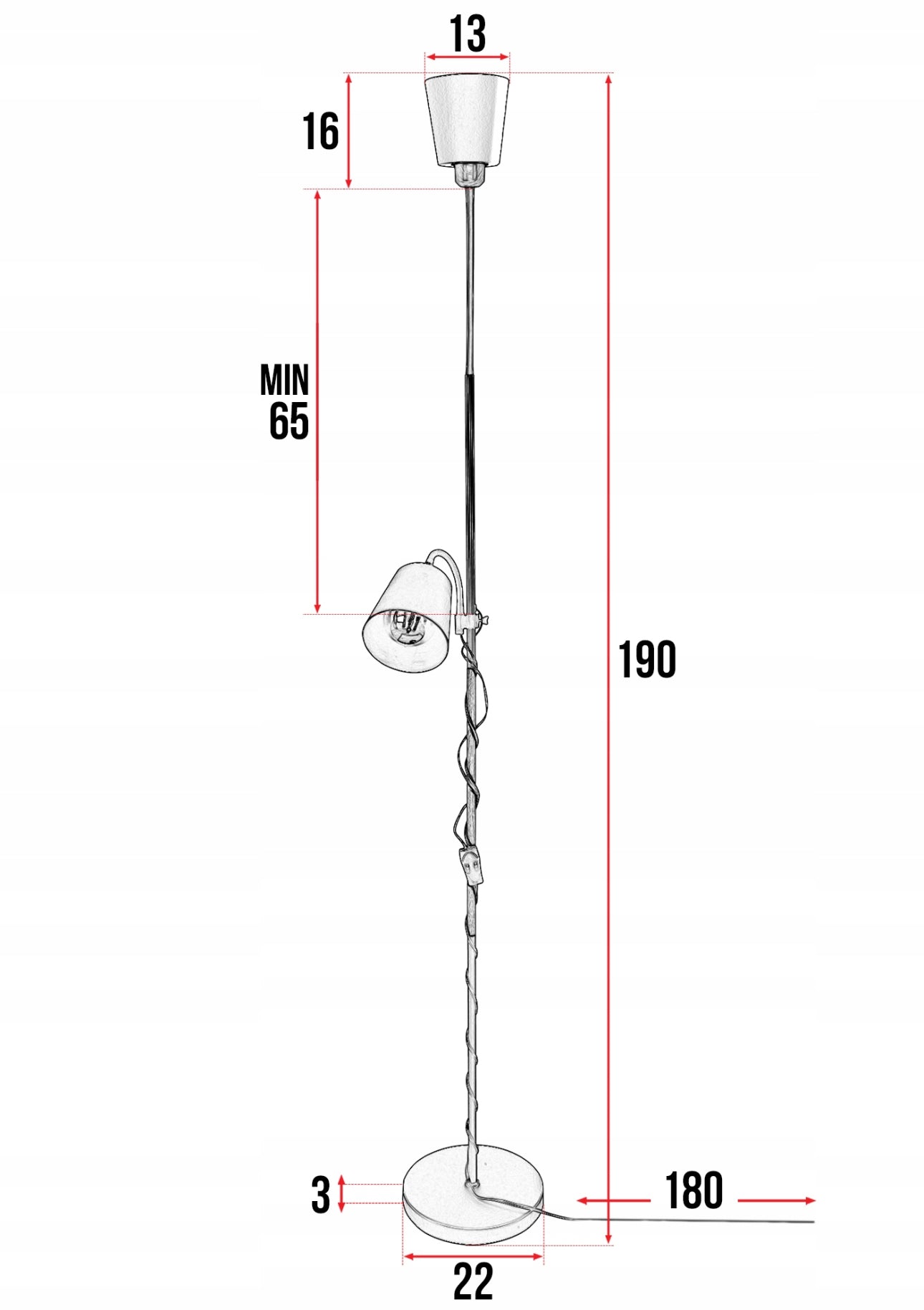Moderne gulvlampe i sort metall og naturfarget tre, høyde 190 cm, med to justerbare lampeskjermer og E27 sokkel – perfekt til stue, lesekrok eller kontor.
