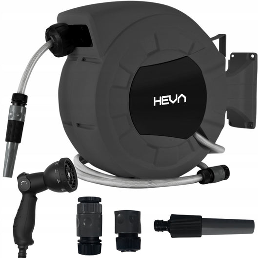 Automatisk HEVA hageslangeoppruller 25m + 2m, grå/svart, slitesterk UV-bestandig plast og 3-lags forsterket slange, mål 53x22,4x41,5 cm – veggmontert for effektiv vanning