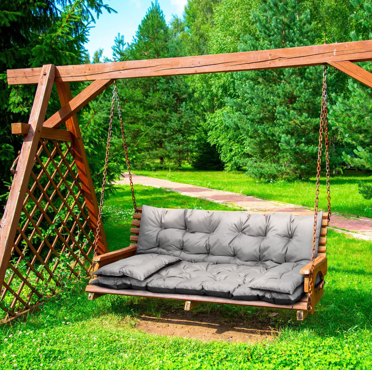 Vanntett hagepute med rygg og sete 120x60x50 cm i slitesterk grå codura med silikonfiberfyll – perfekt til benk, huske eller pallemøbler utendørs.
