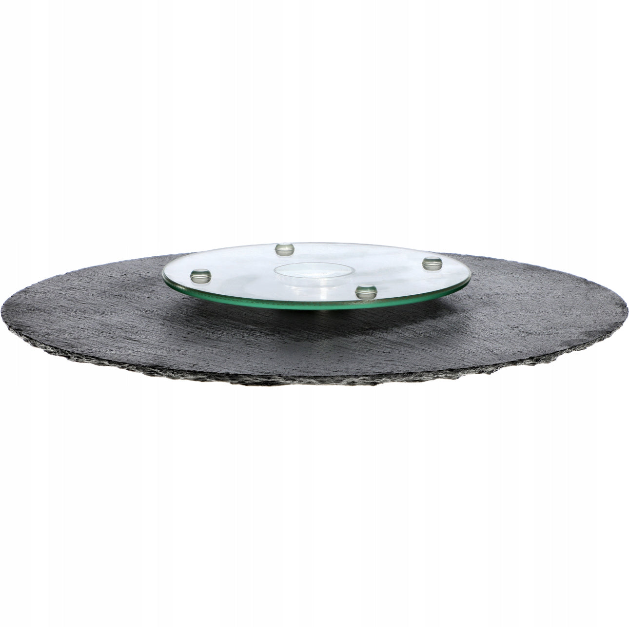 Underside av serveringsfat med montert glassplate og sklisikre knotter