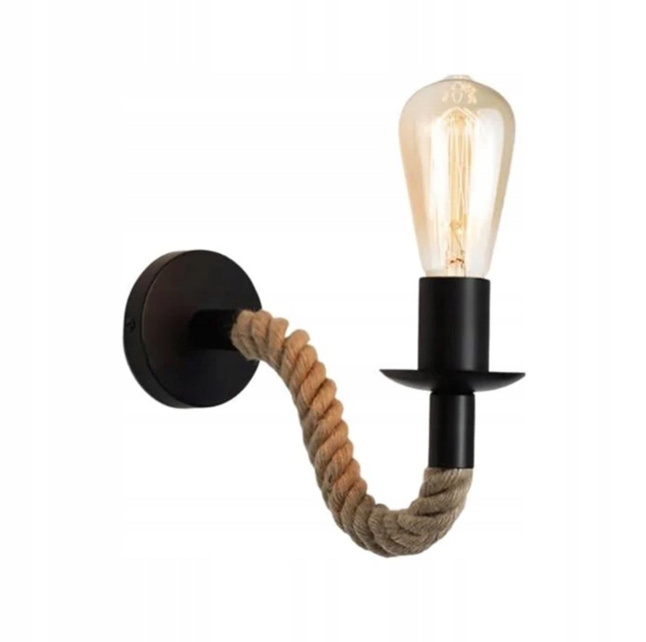 Industriell vegglampe i sort metall med jutetau – 28 cm dybde og 15 cm høyde – E27 sokkel, passer vintage og boho interiør.