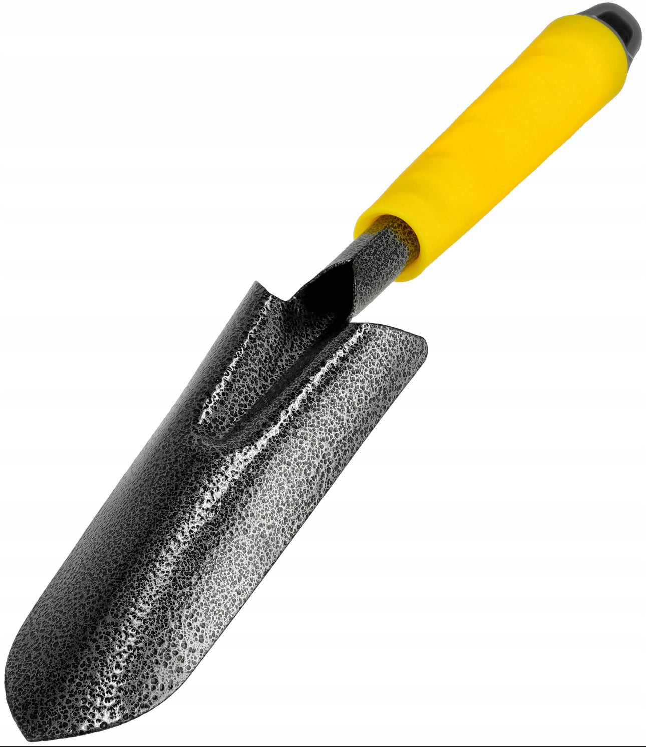 Smal hagespade i slitesterkt stål, 33 cm lang og 5,3 cm bred, med ergonomisk gult håndtak – perfekt til planting og hagearbeid.